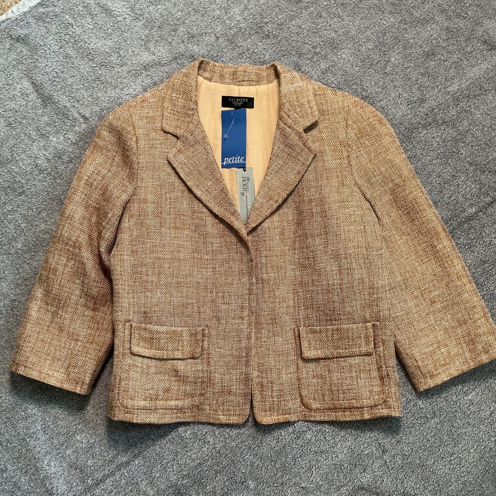 Talbots The Jackie Blazer Jacket Brown Tan Linen Blend Petite 14P NWT